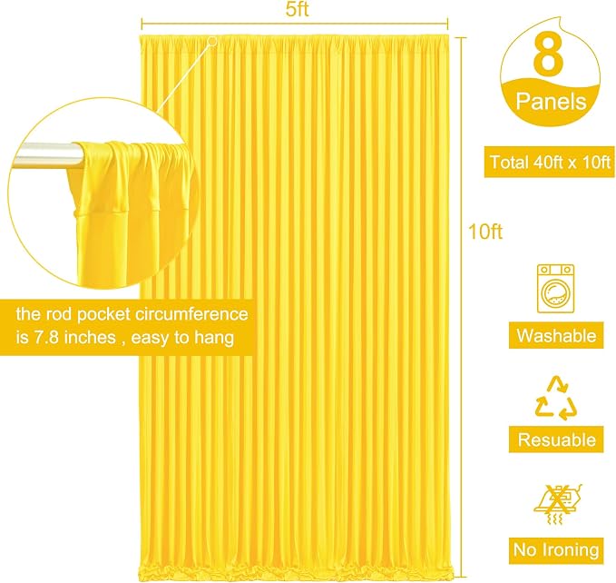 8 Panels Yellow Backdrop Curtain for Parties Wrinkle Free Lemon Yellow Photo Curtains Backdrop Drapes Fabric Decoration for Birthday Party Wedding Baby Shower 40ft(W) x 10ft(H) - Image 5