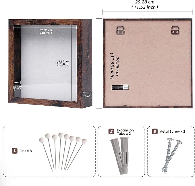 Muzilife 11x11 Shadow Box Picture Frame, 2.16 Deep, Real Glass, Honey Brown | FSC-Wood, Magnetic Door, Linen Interior & Pins, Vertical, Horizontal Wall Hanging, Display Case Frame for Photos & Keepsakes - Image 3