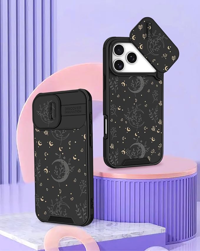 for iPhone 17 Pro Case - Women Cute Phone Cover Girly Pretty Fancy Unique Aesthetic Design Slide Camera Cover Protective Case for Apple for iPhone 17 Pro, Black Moon Stars - Image 4