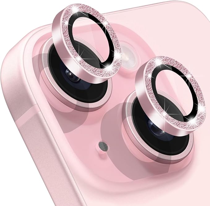 Compatible with iPhone 15 & 15 Plus Camera Lens Protector, Bling Glitter 9H Tempered Glass Camera Cover Anti Scratch Shockproof Screen Protector Individual Metal Lens Ring - 2PCS Glitter Pink by Hsefo