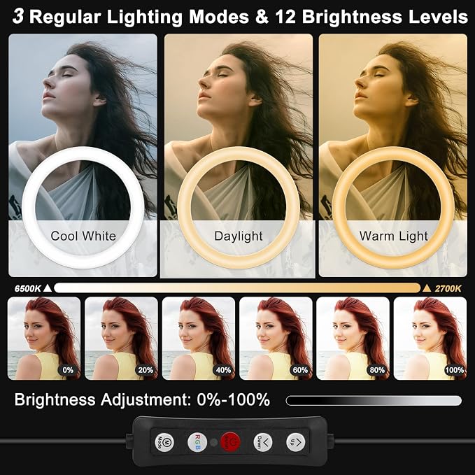 12" Selfie Ring Light with 75" Tripod Stand & 2 Phone Holder, LED Camera Ringlight with 48 RGB Colors Modes & Musical Rhythm Mode and 12 Brightness Dimmable for TikTok/Makeup/Photography/Vlog - Image 2