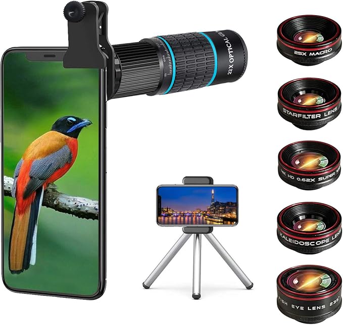 Phone Camera Lens Kit 10 in 1 for iPhone Samsung Pixel Android, 22X Telephoto Lens, 0.62X Super Wide Angle Lens&25X Macro Lens, 235° Fisheye,Kaleidoscopes, Starlight，Tripod，for Most Smartphone Black by Bostionye