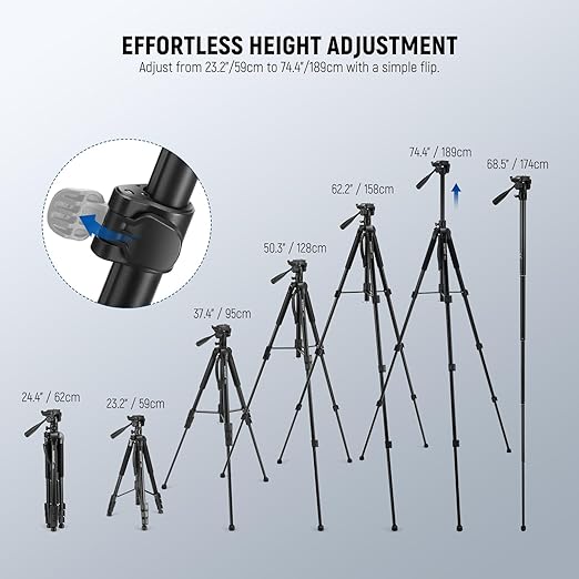 NEEWER Basics TP05 74" Video Tripod Monopod, 3 Way Pan Tilt Head Phone Holder Compatible with iPhone DSLR, Travel Recording Stand, Overhead Camera Mount, Crossbar, 17.6lb Load - Image 2