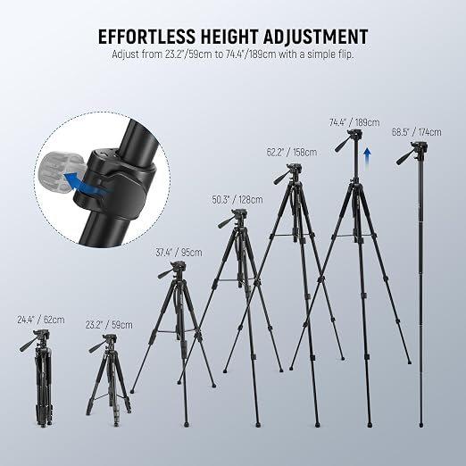 NEEWER Basics 74" Video Tripod Monopod, 3 Way Pan Tilt Head, Remote, TP05 | Overhead Camera Mount, Horizontal Central Axis, Phone Holder for iPhone, for DSLR Telescope Projector, Max Load 17.6lb - Image 4