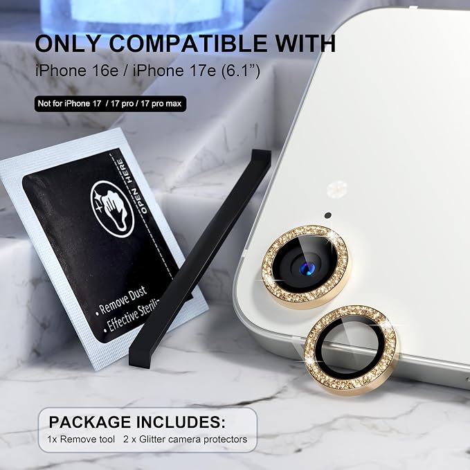 Choiche for iPhone 17e / 16e Camera Lens Protector Bling, Glitter-Gold | Ultra HD, 9H Tempered Glass Camera Cover Screen Protector Metal Individual Ring Decoration Accessories, 1-Lens, 6.1-inch - Image 2