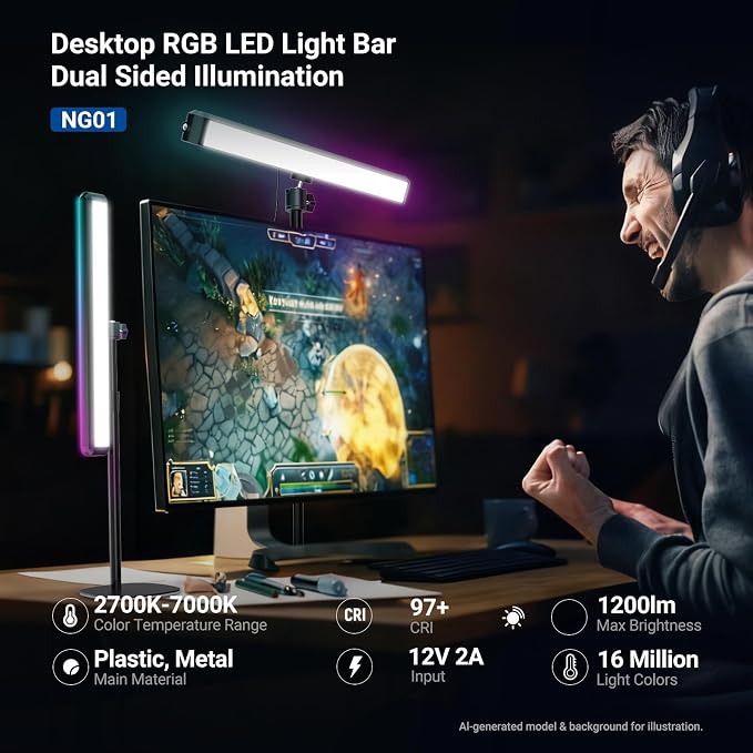 NEEWER Dual Sided RGB LED Streaming Key Light, Smart Desk Lamp Compatible with Alexa Google Assistant for Gaming Video Conference, 16 Million Colors, 2700K-7000K/CRI97+ Studio Tube Lighting, NG01 - Image 2