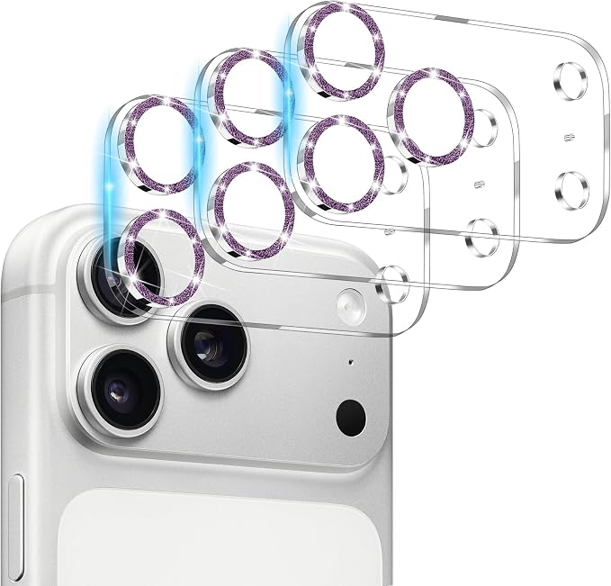Dengduoduo 3 Pack Camera Lens Protector for iPhone 17 Pro, Tempered Glass, Ultra HD, 9H Hardness, Anti-Scratch, Case Friendly,[No Affect on Night Shots], Glitter Dark Purple by Dengduoduo