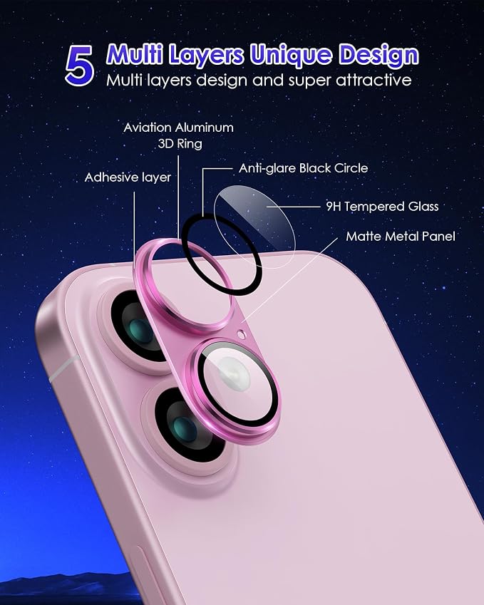 Compatible for iPhone 17 /iPhone 16 /iPhone 16 Plus Camera Lens Protector Metal Plus Aluminium Alloy Ring 9H Tempered Glass Screen Case Friendly Camera Cover Pink - Image 5