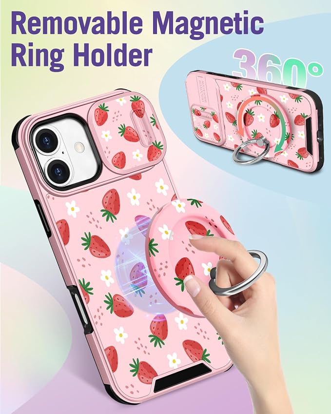 Buleens for iPhone 16 Case 6.1 Inch - with Ring Stand & Camera Cover Aesthetic Cute Designed for Women Girls Pretty Girly Kawaii Strawberry Teens Phone Case for iPhone 16 Compatible with Magsafe - Image 5