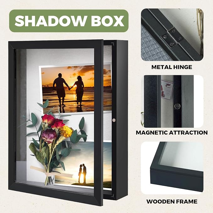 Muzilife 13x16 Shadow Box Wood Picture Frame, 2.16 Deep, Real Glass, Black | FSC-Wood, Magnetic Door, Linen Interior & Pins, Vertical, Horizontal Wall Hanging, Display Case Frame for Photos & Keepsakes - Image 4