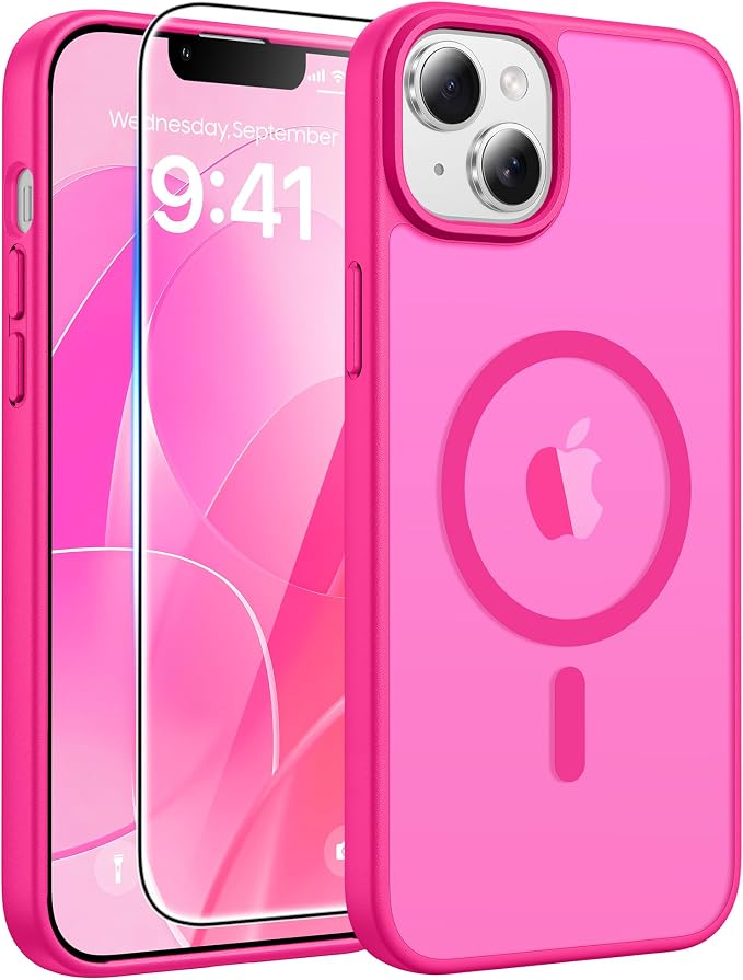 FNTCASE for iPhone 15/14 Plus Case, Fit for Magsafe, Screen Protector | Translucent Matte Magnetic Back, 14FT Military Grade Drop Protection, Shockproof Protective Phone Cover, Hot Pink by FNTCASE