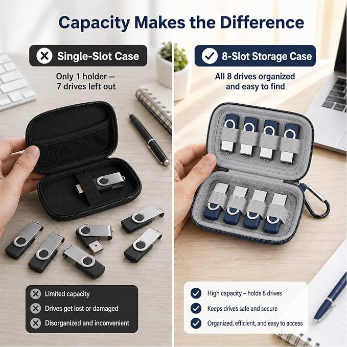 ALKOO Flash Drive Case USB Storage Case, Thumb Drive Holder, Holds 8, Black | Hard Shell, 8 Elastic Slots for USB Drives and SD/Memory Cards, Portable Travel and Office Organizer, Case Only, Black - Image 6