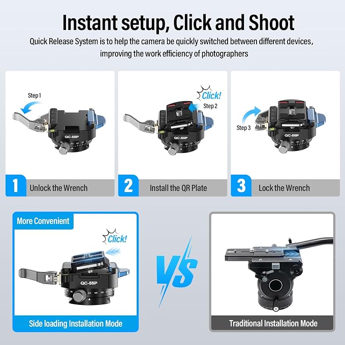 SIRUI 55mm Quick Release Plate with 360° Rotating Panoramic Head, Camera Mount Adapter with 1/4" and 3/8" Thread, Quick-Release Attach Plate for Tripod Monopod DSLR Stabilizer, QC-55P - Image 5