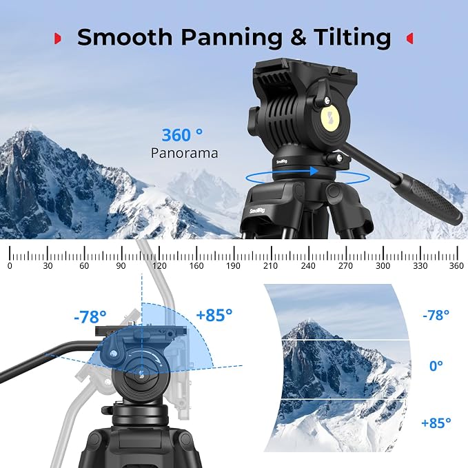 SMALLRIG 73''/186cm Heavy Duty Aluminum Alloy Video Tripod, Max Load 8kg (18lbs), Fluid Head with +85° to -78 Tilt Range, Compact Travel Tripod Weight 3.1kg(6.8lbs), Folded Height 88cm, AD-14 - Image 5