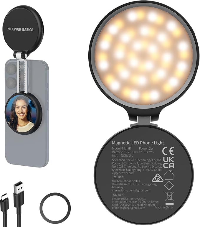 NEEWER Basics Magnetic LED Selfie Light Compatible with MagSafe iPhone, Desk Stand Phone Holder with Makeup Mirror 1160lx/0.2m 900mAh CRI95 Fill Lighting for Video Recording Streaming, Black NL48R by Neewer