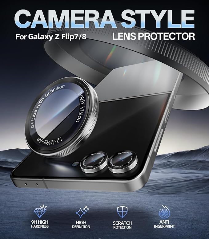 HelloDeere for Samsung Galaxy Z Flip 8 Camera Lens Protector, Military-Grade 9H+ Tempered Glass with AR Optical Tech HD Anti-Glare Anti-Scratch Metal Individual Ring Easy Install Case Friendly, Silver - Image 2