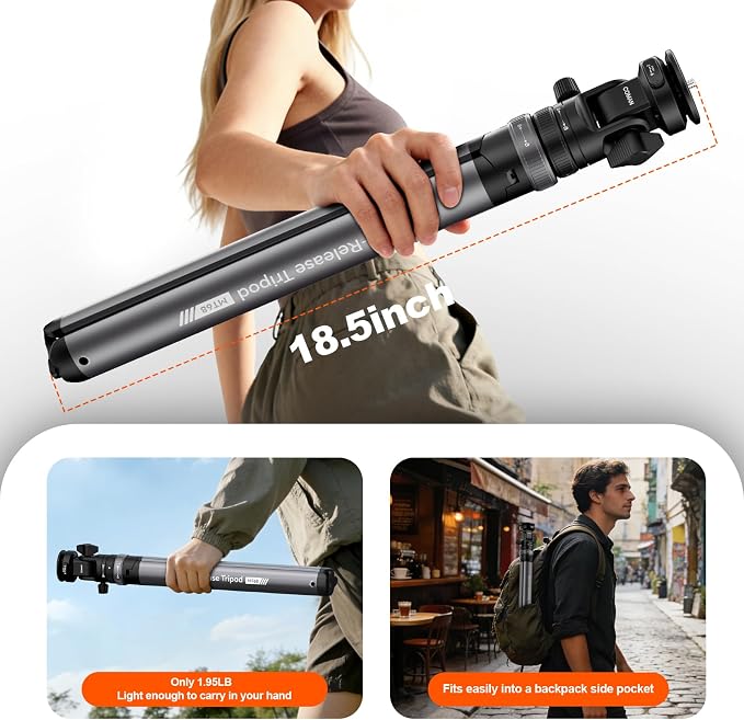 COMAN MT68 Auto-Open 83.4" Light Stand, for DSLR, iPhone, Action Cam, Light | 1/4" Ball Head with 2 QR Plates, Phone Clamp Included, Compact 18.5" Folded Storage, Portable 1.95 lbs, Sturdy Aluminum Build - Image 4