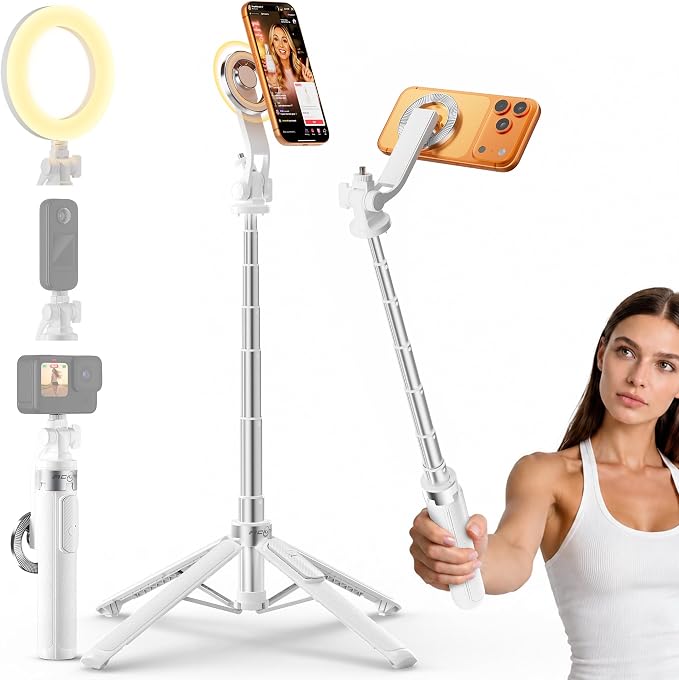 53''Magnetic Selfie Stick Tripod for iPhone Andiod with 1/4" Screw Mount | Cell Phone Tripod with Wireless Remote, 4-Leg Stable Base Tripod for IPhone 17 Pro Video Recording,TikTok Creator,Vlog,Travel by SelfieStickTripodsforPhone