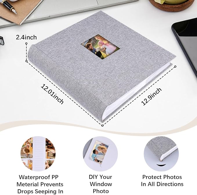 Photo Album 4x6 Vertical 600 Photos with Writing Space, Grey | Linen Cover, Acid-Free Pages, Clear PP Pockets, Memo Writing Space, Front Display Window, Family, Wedding & Travel Memories - Image 2