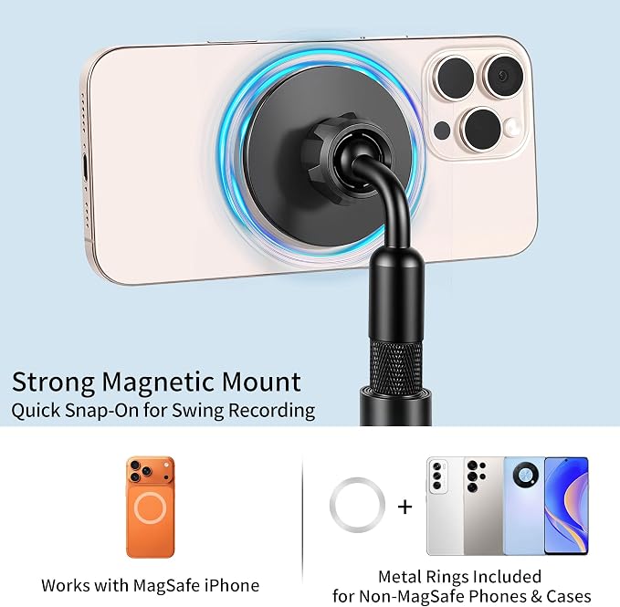 Golf Tripod Monopod, Magnetic Phone Stand for Swing Recording | 53.5" phone holder for iPhone/Android, with clamp, MagSafe/metal ring mount, 1/4"-20 screw, spike, tripod, carry bag - Image 7