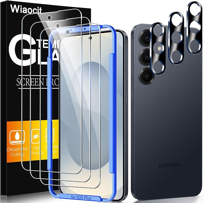 Wiaocit Tempered Glass Screen Protector for Samsung Galaxy S25 Plus | 3+3 Pack, 9H Hardness, Camera Lens Protector, Installation Frame, Bubble Free, Case Friendly by Wiaocit