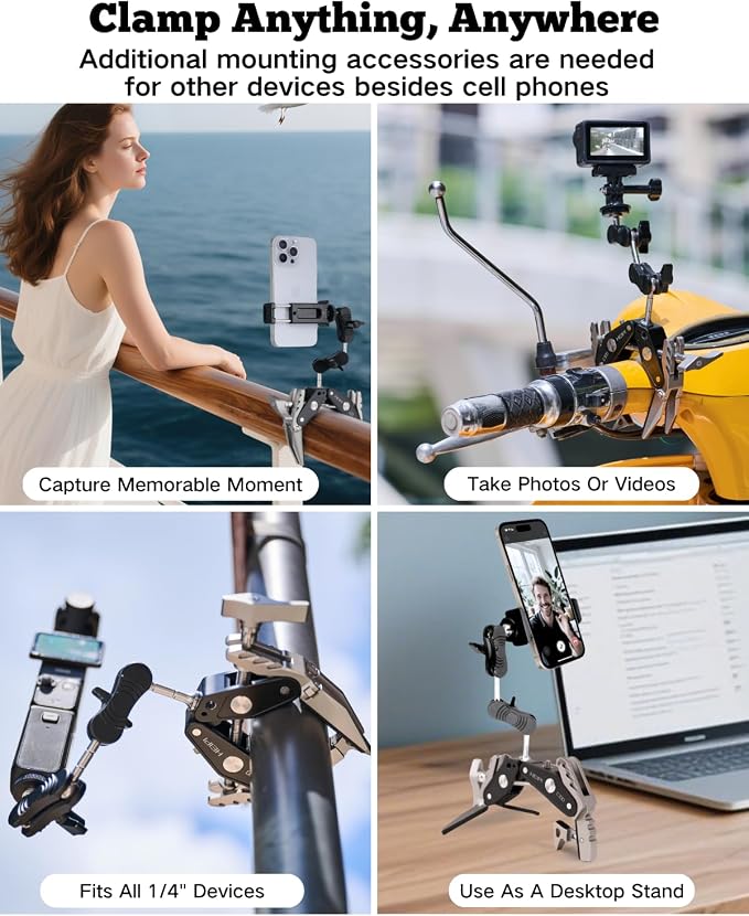 HEIPI C100 Super Clamp & MA137 Magic Arm & Phone Clip, Max Clamping 3.93" | Clamp & stand design. Max clamping 3.93" / 10cm. Dual screw mounts: 1/4"-20 & 3/8"-16. Universal for tripod accessories - Image 7