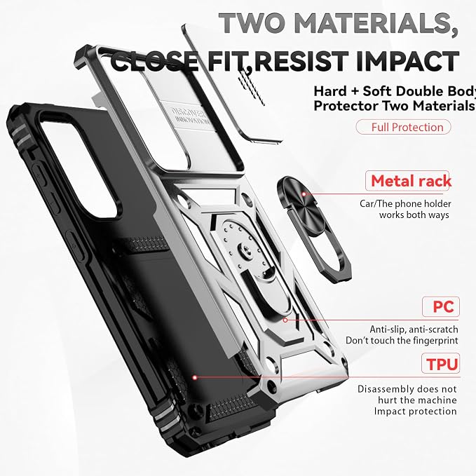 for Samsung Galaxy S24 Plus Case with Camera Lens Cover HD Screen Protector, Military-Grade Drop Tested Magnetic Ring Holder Kickstand Protective Phone Case for Samsung Galaxy S24 Plus 2024 (Silver) - Image 8