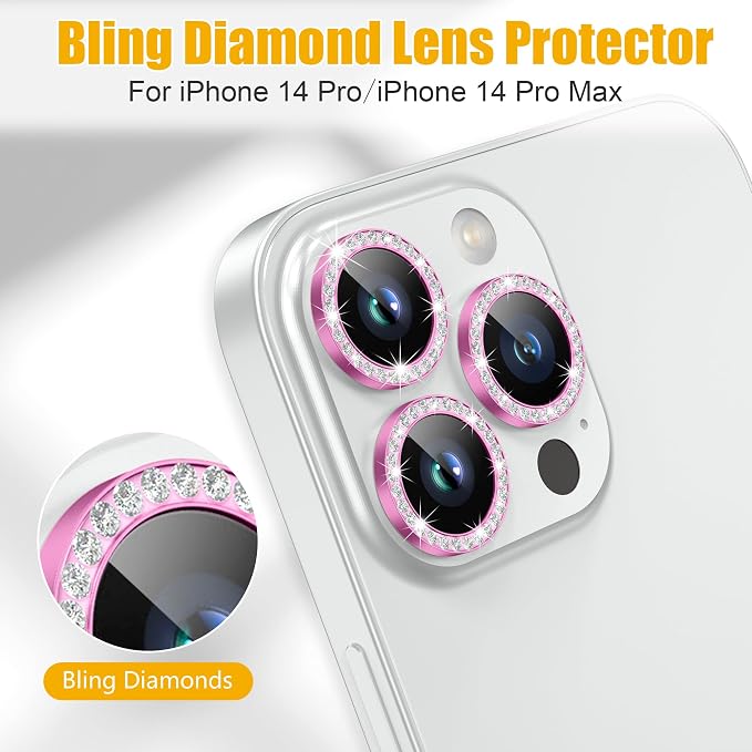 AGVEE 3+3 6 Pack for iPhone 14 Pro & Max Camera Lens Protector Cover | Individual Bling Diamond & Bling Glitter Sparkle Cute Gem Metal Ring, 9H Tempered HD Glass - Image 4