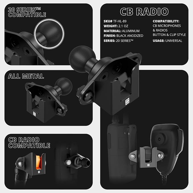 Tackform CB Mic/2-Way Radio Holder with 20mm Ball | All Metal | Compatible with Midland, Uniden, Baofeng, More | for Use with Belt Clip & Round Button Knob | NOT Compatible with 1" / B Sized Systems - Image 4