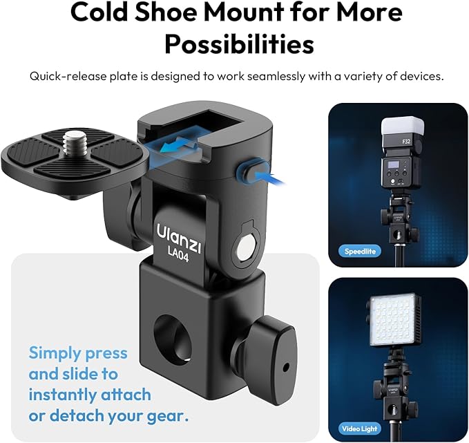 ULANZI LA04 Light Stand Mount Adapter w 1/4" Screw for Light Tripod | Quick Release,180° Tilt, Load 6.6lb, for Camera Mounting Plate Monitor Ring Light, Fits Flat Head Stand Boom Arm C Stand - Image 5