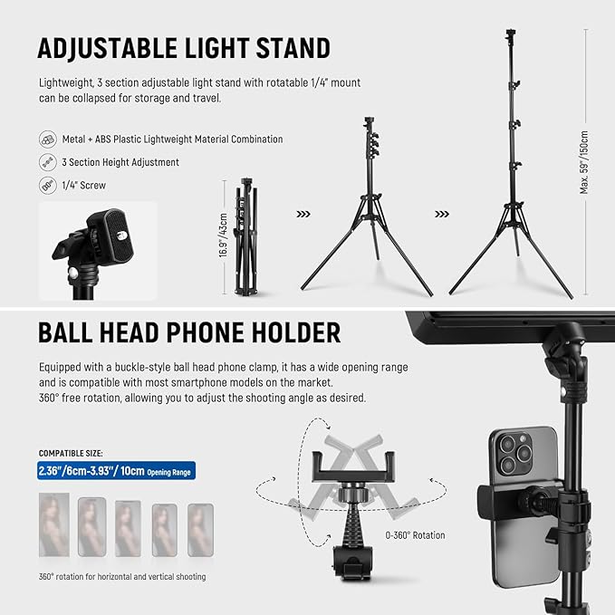 NEEWER Basics 2Pcs LED Video Light Panel with 59'' Tripod Stands/Phone Holders, 2700-6500K 850Lux Dimmable Plastic Studio Lighting for Photography Filming Recording Live Streaming, No Adapter, BP300 - Image 6