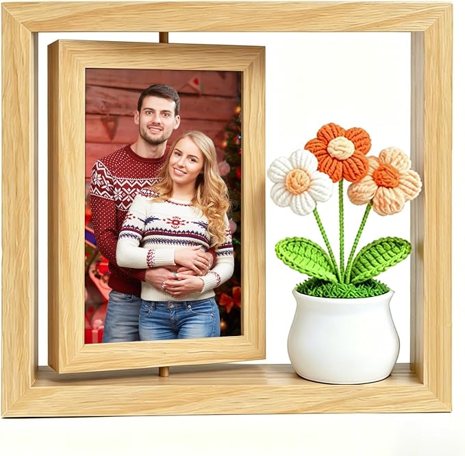 4x6 Rotating Picture Frame & Handmade Crochet Puff Flower, 4x6 Desktop Double-side Floating Photo Frame, Puff Daisy Cute Office Desk Decor for Women/ Appreciation Thank You Gifts for Girls Her by Aosemili