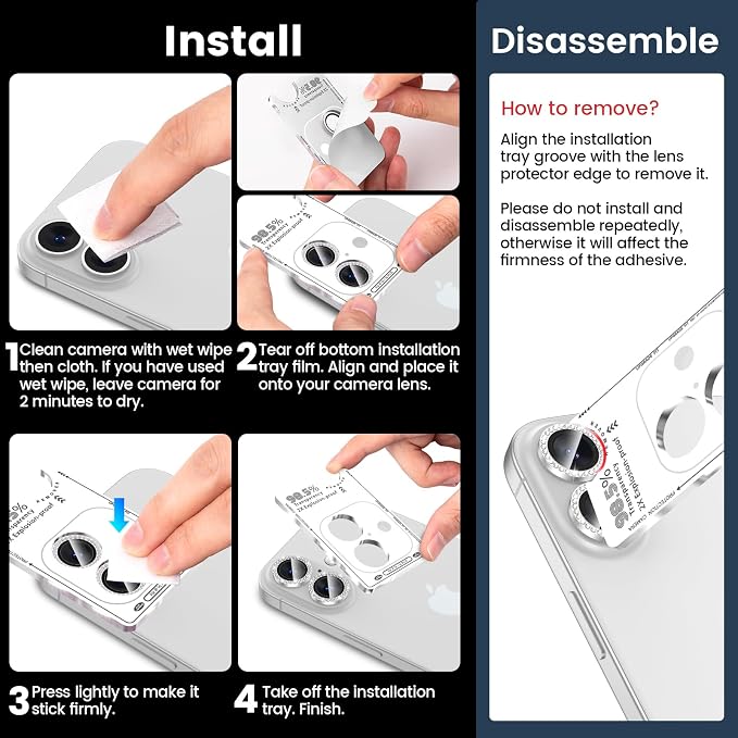 Tensea for iPhone 16/16 Plus Camera Lens Protector Bling, Camera Cover | 9H Tempered Glass Camera Screen Protector, Metal Individual Ring for iPhone16 6.1inch/ 16Plus 6.7inch, HD Clear, Easy Install - Image 7