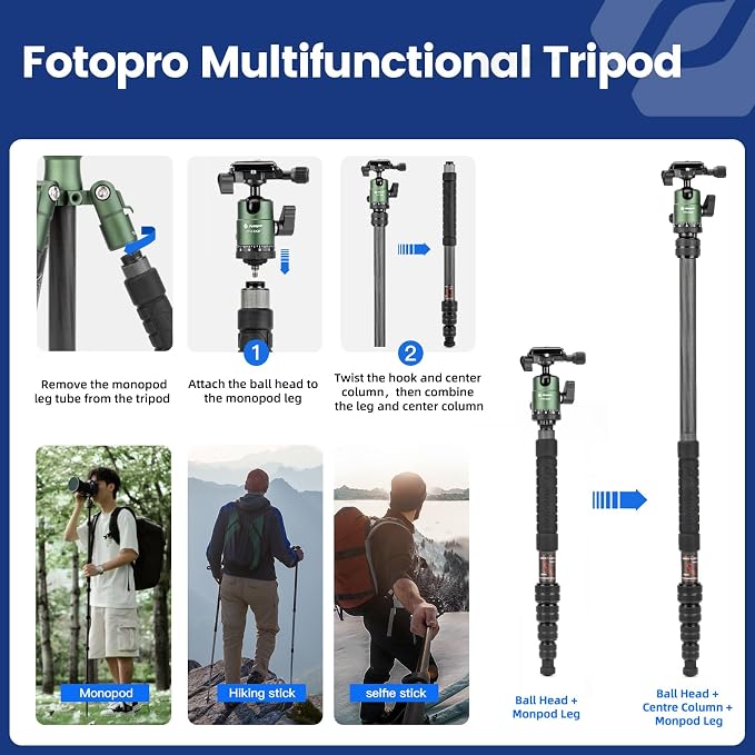 Fotopro 60" Carbon Fiber Camera Travel Tripod, 2lbs Super Lightweight Compact Tripod with 360° Metal Ball Head, Detachable Monopod, with Arca QR Plate & Bag, Load up to 8KG/17.63lbs, for SLR DSLR - Image 5
