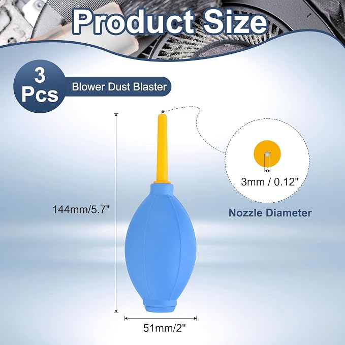PATIKIL Soft Tip Air Blower Dust Blaster, 3 Pcs Rubber Bulb Air Pump Dust Blower Cleaner Cameras Lens Cleaning Tool with Long Nozzle for Camera Lens Computer Keyboard, Blue/Yellow - Image 2