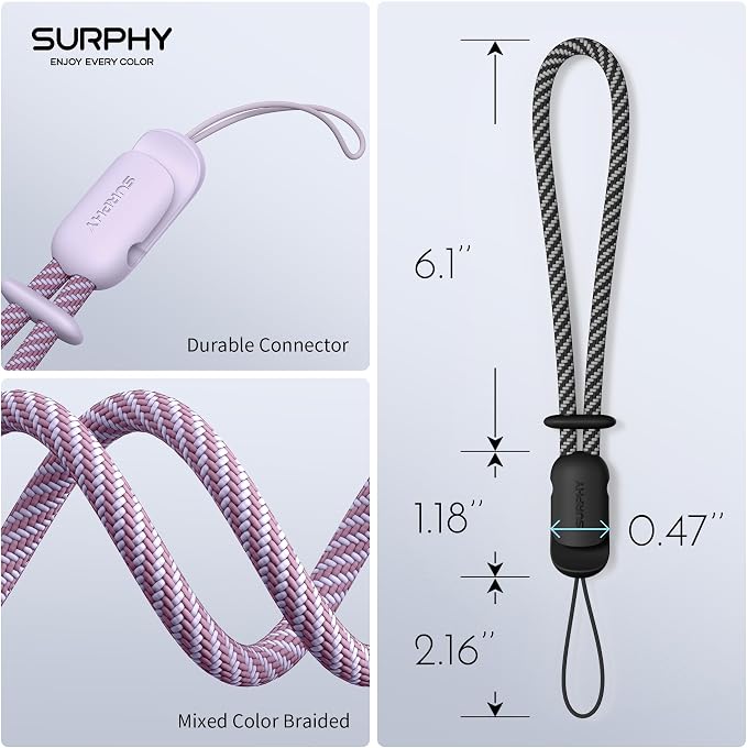 SURPHY 2 Pack Phone Lanyard, Phone Wrist Strap for Case, Camera Wrist Strap | Ultra-Light 2-Color Braided Phone Strap, Cellphone Charm Strap, Anti-Lost Wrist Lanyard for Women and Men, Black Lilac - Image 6