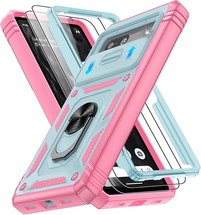 for Google Pixel 7A Case with Slide Camera Cover & Screen Protector*2, Pixel 7A Case Build in 360° Rotating Ring Kickstand, Military Grade Protective Case for Google Pixel 7A Phone Case, Green+Pink by Gritup