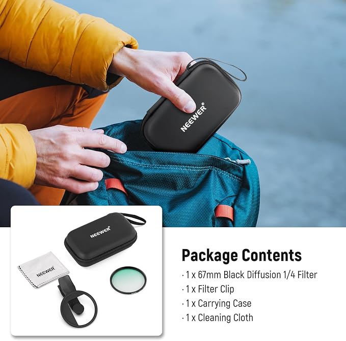 NEEWER 67mm Clip On Black Diffusion 1/4 Filter for Mist Cinematic Effect, Photography Accessories Kit Compatible with iPhone 17 16 15 Pro Max Plus 16e 14 13 mini, FL-B24 - Image 9
