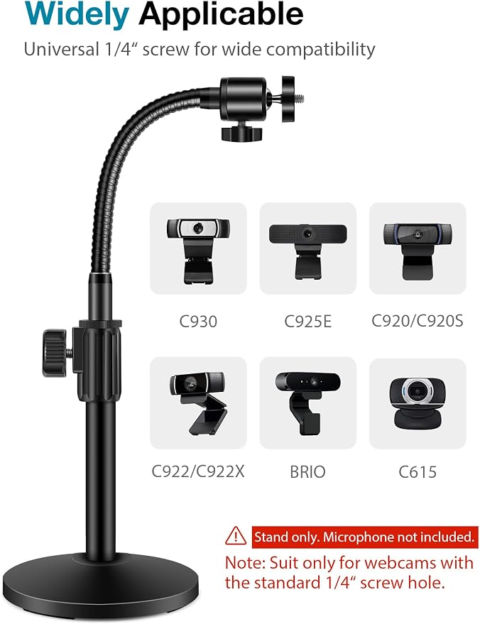 InnoGear Webcam Stand Arm for Desk Camera Mount Holder for Logitech Webcam | for C922 C930e C920S C920 C615 C960 C920x BRIO 4K NexiGo N60, Heavy Base, Gooseneck, Max Height 20.9", Eye-level Framing - Image 2