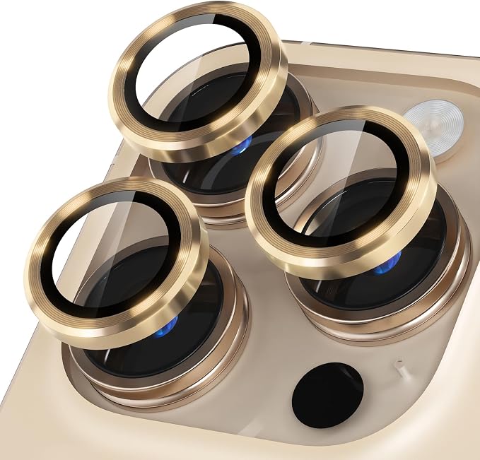 Misea Compatible for iPhone 16 Pro/iPhone 16 Pro Max Camera Lens Protector | 9H Tempered Glass Ultra HD Bling Camera Screen Protector Cover Metal Individual Ring Decoration Accessories, Gold by Misea