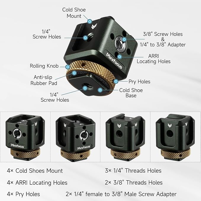 Camera Hot Shoe Extension Bracket Cold Shoe Mounts Adapter(Dark Green) | Aluminum Shoe Mount Holder with 1/4''&3/8'' Thread Hole and Arri-locating Hole, For Microphone LED Video Light - Image 3