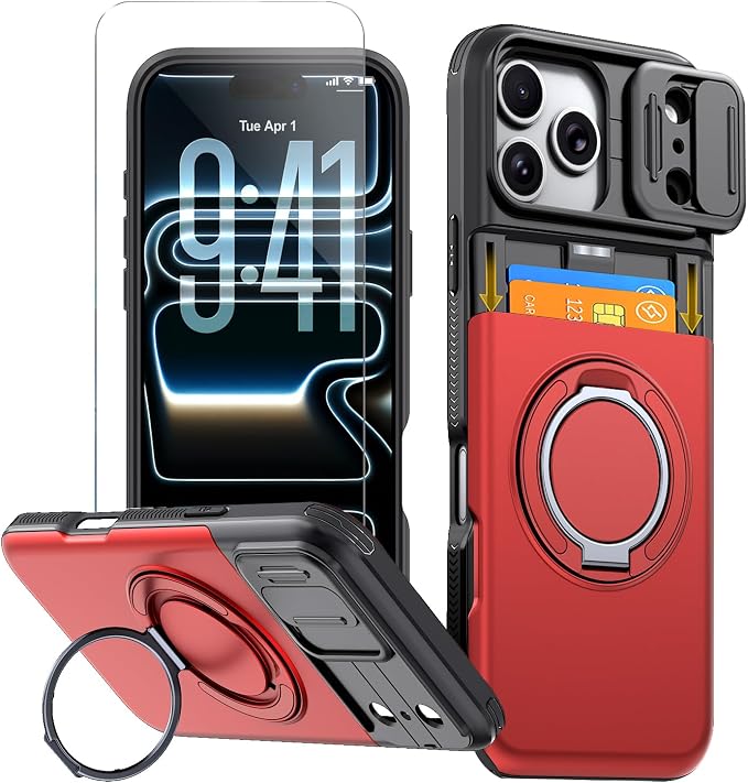 for iPhone 17 Pro Wallet Case with Card Holder Slide Camera Cover Ring Stand Kickstand Heavy Duty Protective Case with Screen Protector for iPhone 17 Pro (Red) by Benbenjaytek