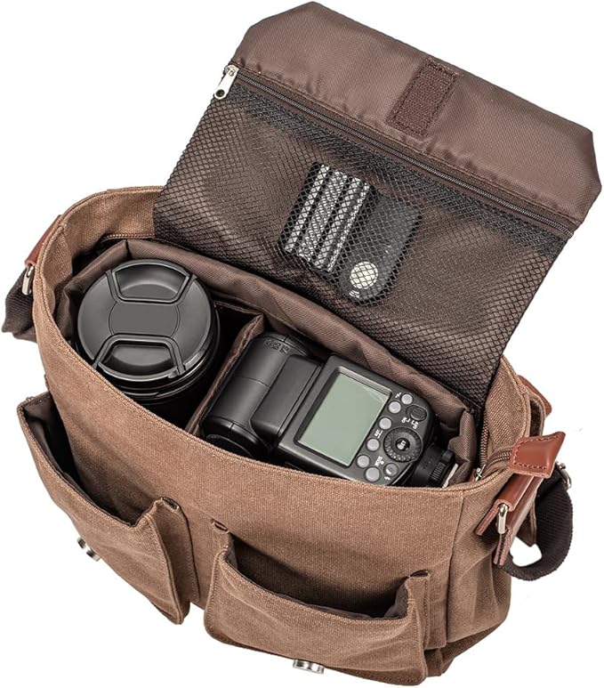 Compatible with/Replacement Vintage Waterproof Canvas Leather Trim DSLR SLR Shockproof Camera Shoulder Messenger Bag (Coffe) - Image 5