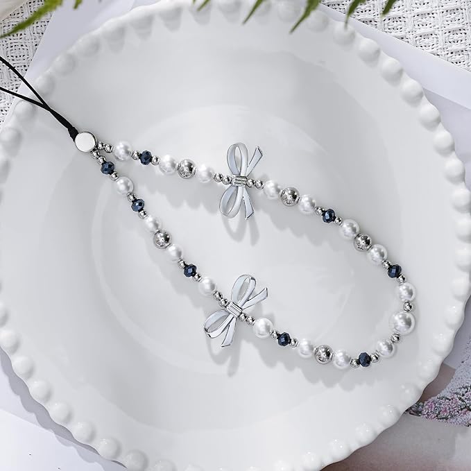 Cell Phone Charm Strap Pearl Beaded Elegant Dark Crystal Camera Lanyard Wrist Luxury Aesthetic Cute Chain Bracelet Handmade Chic Wristlet Accessories for iPhone Samsung Women Girls Silver Bow Faux - Image 5