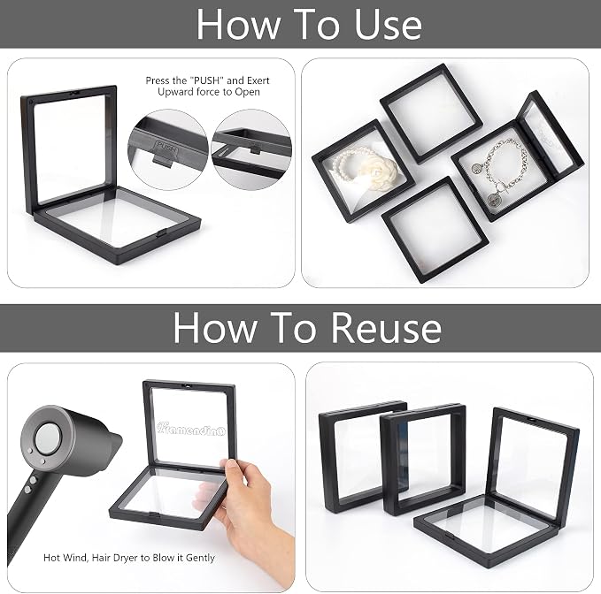 Framendino, 20 Pack Black 3D Floating Frame Display Case Challenge Coin 4.3x4.3x0.8 Holder Stands Jewelry Storage Box for AA Medallion Shells Gems - Image 6