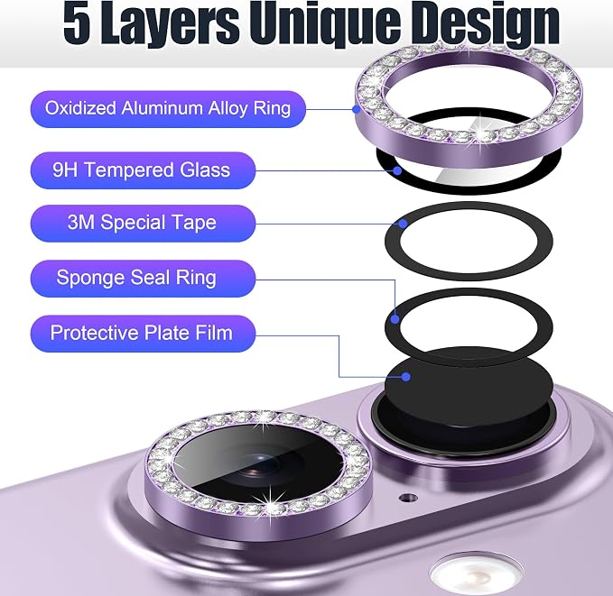 AGVEE 3+3 6 Pack for iPhone 17 Camera Lens Protector Cover | Individual Bling Diamond & Bling Glitter Sparkle Cute Gem Metal Ring, 9H Tempered HD Glass - Image 7