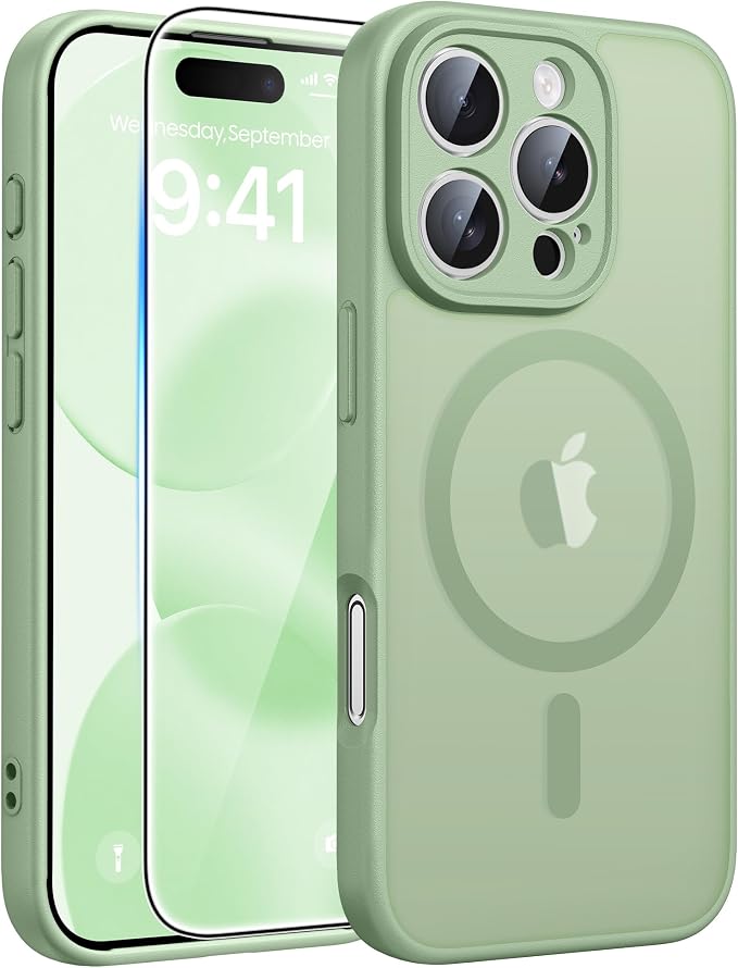 FNTCASE for iPhone 16 Pro Max Case, Fit for Magsafe, Glass Screen Protector | Full Camera Protection, Translucent Matte, 14FT Military Grade Drop Proof, Shockproof Protective Phone Cover, Light Moss by FNTCASE