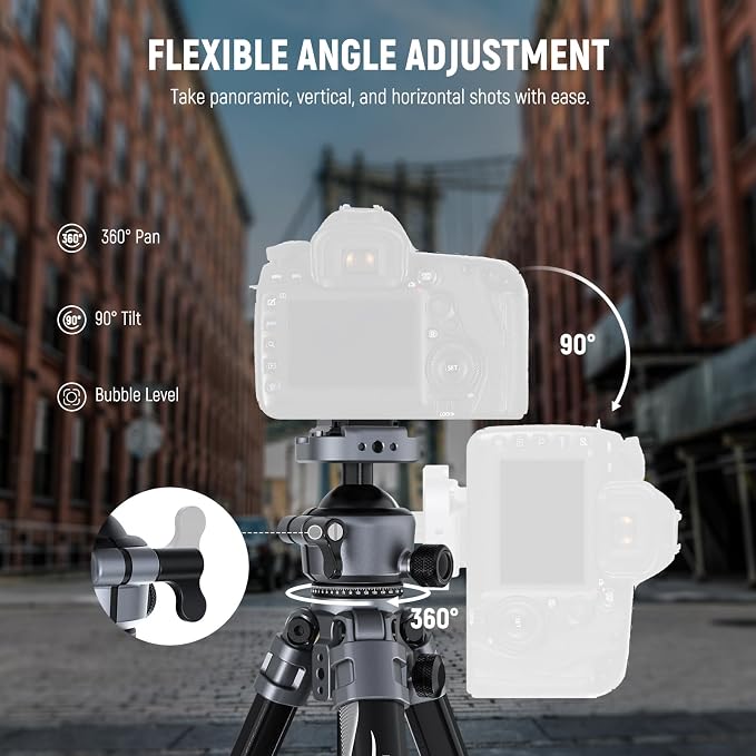 NEEWER LITETRIP LT07 61" Aluminum Travel Tripod for Camera | Pan Tilt Low Profile Ball Head, Arca QR Plate Compatible with PD Tripod Plate, Dual Center Axis, Phone Holder, Max Load 22lb - Image 6