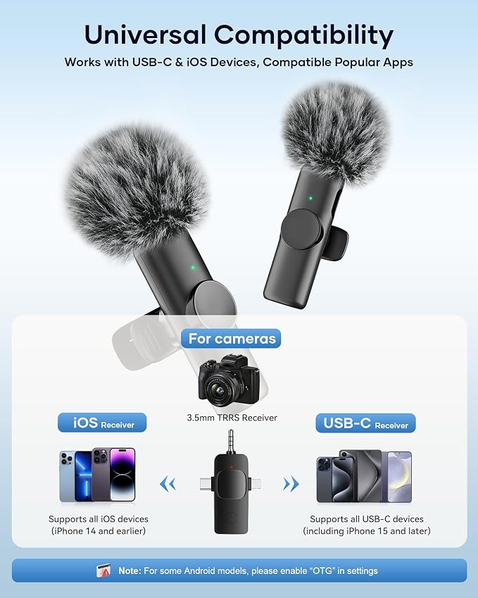 Wireless Microphone for iPhone iPad Android Phone and Camera, 2 Pack Wireless Lavalier Lapel Mic with Noise Reduction, 3 in 1 Mini Microphone for Video Recording Interview Podcast YouTube TikTok Vlog - Image 7