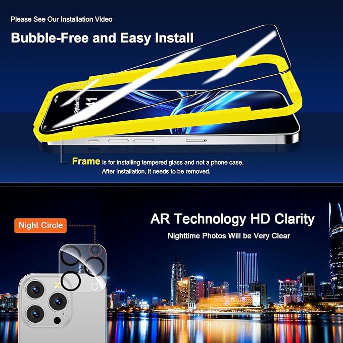QHOHQ for iPhone 16 Pro Max Screen Protector + Camera Lens Protector | 3+3 Pack, [Military Grade Shatterproof], Top 9H+ Tempered Glass, Full Edge Coverage, Ultra Durable, with Installation Tool - Image 7